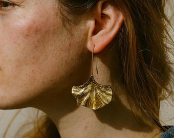Gold Ginkgo Leaf Earrings For Women - Crystal Blue Gradient, Hoop Style, Feng Shui Lucky Jewelry - View #6