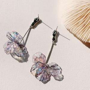 Silver Floral Earrings – Crystal Iridescent Petal Dangle for Fall Weddings, Bridesmaids, Gift for Her