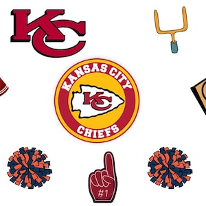May include: A collection of Kansas City Chiefs football-themed illustrations. Includes a football, helmet, jersey, pom-poms, a foam finger, and various team logos and emblems. The word "GO!!!" is on a pennant.