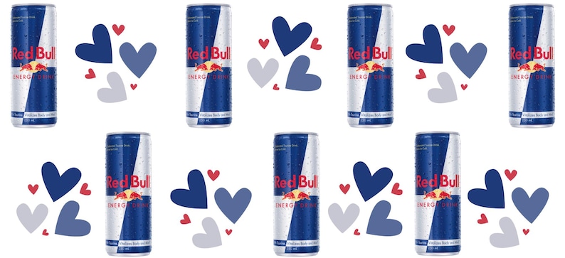 May include: A pattern of Red Bull energy drink cans with a blue and white design, interspersed with blue, gray, and red heart shapes. The cans have the Red Bull logo and text.
