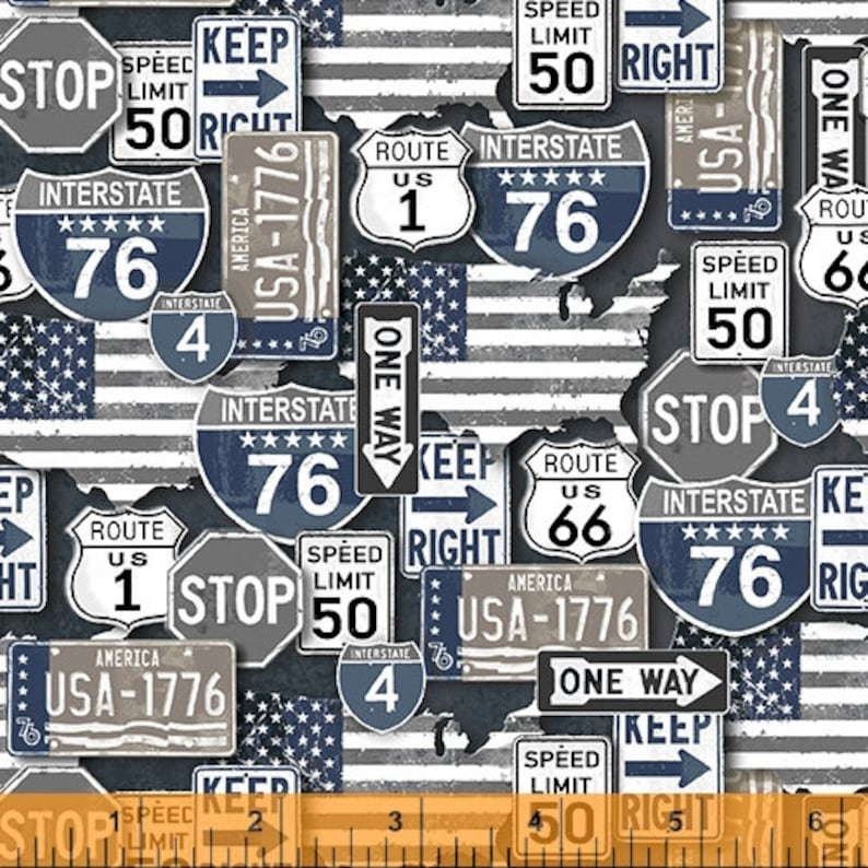 You choose the cut American Road Signs in Charcoal part of the American Road Trip Line by Windham Fabrics