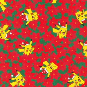 Licensed Pikachu&#39;s Holiday fabric in Red- by Robert Kaufman Fabrics - your choice of cut