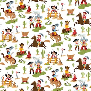 May include: A repeating pattern featuring cowboys and cowgirls in various scenes. Cowboys ride horses, play instruments, and tend campfires. The design includes cacti, a wagon, and a windmill, all set against a white background.