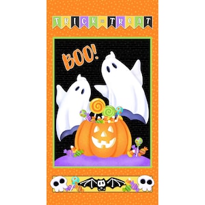 Ghosts and Pumpkins Panel - Glow in the Dark in Orange part of the Glow Ghosts Line by Henry Glass Fabrics - You choose the cut