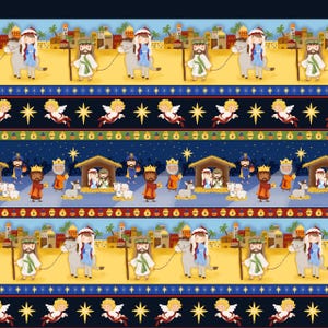 Op de afbeelding: Een herhalend patroon met illustraties van de kerststal. Het ontwerp bevat figuren op ezels, engelen, sterren en de drie wijzen. Het kleurenpalet omvat blauw, geel en bruin, waardoor een feestelijk en religieus thema ontstaat.