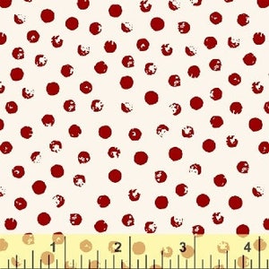 May include: White fabric with a red polka dot pattern. The dots are slightly distressed, giving the fabric a vintage look.