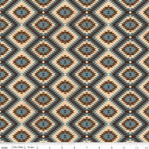 May include: Geometric pattern fabric featuring a repeating diamond design in shades of brown, blue, and beige. The pattern is reminiscent of Southwestern or Native American textiles. The fabric is measured in inches.