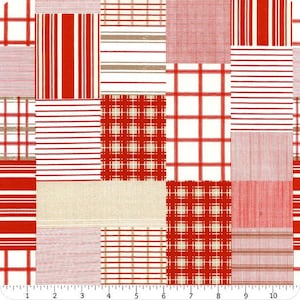 May include: Red and white patchwork fabric featuring a range of plaid and striped patterns. The fabric is composed of various squares and rectangles, each with a unique design.