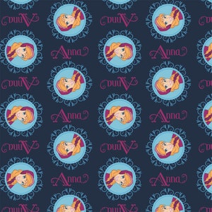 May include: A repeating pattern featuring the character Anna from the movie Frozen. Each Anna portrait is framed in a blue circle with a decorative border, set against a dark blue background. The name "Anna" is written in pink script.