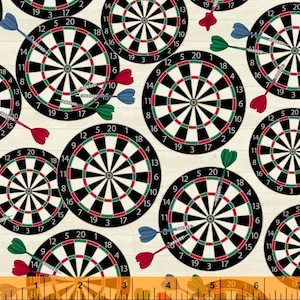 May include: A seamless pattern of black and white dartboards with red and green accents on a cream background. The dartboards have numbers 1 through 20 around the outer edge and a bullseye in the centre. There are also darts with red, green, and blue feathers.
