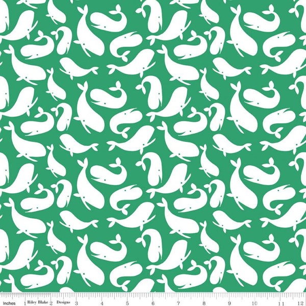 Tossed Whales in Green - part of the Ahoy! Mermaids Line - by Riley  Blake Designs - You Choose the Cut