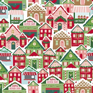 May include: A repeating pattern of colorful Christmas village houses. The houses are red, green, and pink with white snow-covered roofs. Some houses have candy cane accents and the text "Chestnuts" and "Dagher's Repair Shop".
