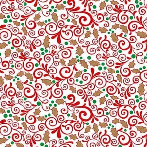 May include: A repeating pattern of red swirls, green dots, and tan holly leaves on a white background. The design is a festive, decorative pattern, suitable for holiday-themed products.