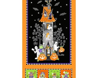 May include: A black and orange Halloween fabric featuring a spooky house with ghosts, pumpkins, and a mummy. The fabric also includes smaller images of houses with ghosts and pumpkins.