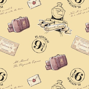 May include: A yellow background with a repeating pattern of luggage, envelopes, train engine, and platform signs. The signs read "Platform 9 3/4" and "All Aboard The Hogwarts Express".