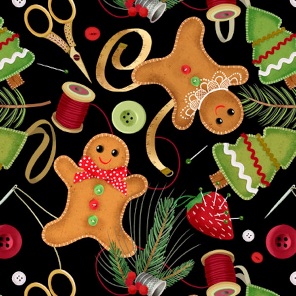 Sewing and Christmas Toss in Black part of the Happiness is Homemade line by Quilting Treasures