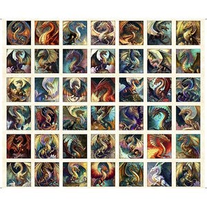 May include: A fabric panel featuring a grid of 36 squares, each showcasing a unique, vibrantly colored dragon illustration. Dragons vary in color, including red, gold, blue, and green, with detailed wings and scales. The artwork has a fantasy theme.