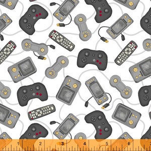 May include: A white background with a repeating pattern of various video game controllers, game cartridges, and remote controls. The pattern is in shades of gray, black, and white.