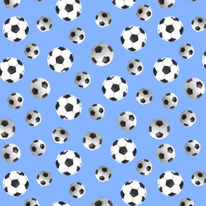 May include: A repeating pattern of soccer balls in black and white against a light blue background. The soccer balls vary in size, creating a dynamic and playful design. The pattern is suitable for sports-themed products.
