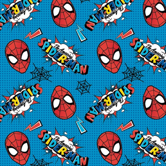 Lizenzierte Marvel Spider-Man Logo und Head Toss in Blau Baumwolle  Kawaii Marvel II von Camelot Stoffen Ihre Wahl des Schnittes