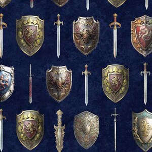Svärd och sköldar i marinblått, en del av Wizards and Warriors-serien från Quilting Treasures - du valde snittet