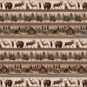 May include: A fabric pattern featuring horizontal bands of wildlife including bears, moose, deer, and foxes, alternating with bands of pine tree forests and rustic log cabins in shades of brown, green, and tan on a light beige background.