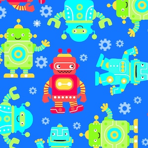 Può includere: Un motivo ripetuto di robot dei cartoni animati colorati su uno sfondo blu brillante. I robot sono in vari colori, tra cui verde, rosso e blu, con accenti a forma di ingranaggio. I robot hanno forme e design diversi.