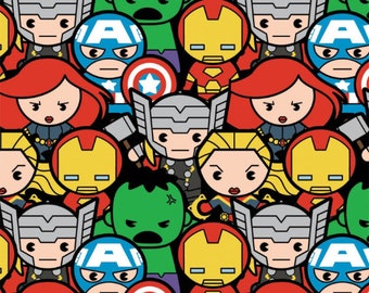 May include: A colorful pattern featuring cartoon characters from the Marvel universe. The characters include Iron Man, Captain America, Thor, Hulk, Black Widow, and others. The pattern is perfect for fabric, wallpaper, or other creative projects.