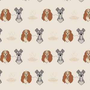 May include: A seamless pattern featuring a cartoon illustration of Lady and the Tramp, a brown and white female dog and a gray male dog, with a plate of spaghetti and meatballs in the background.