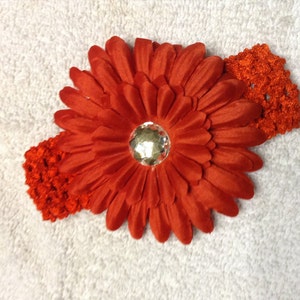 Large Gerber Daisy Flower 4 inch with 22 mm Rhinestone Center - red with 1 1/2" cricheted headband