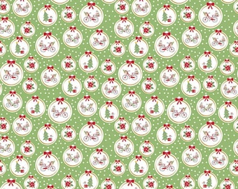 May include: Green fabric with a repeating pattern of white circles containing red poinsettias, green Christmas trees, and gold ornaments with red bows and a couple riding a bicycle. The fabric has white polka dots.