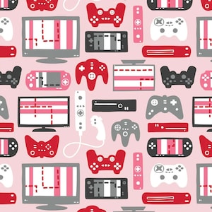 May include: A seamless pattern featuring various retro video game consoles and controllers in red, white, black, and gray on a pink background. The pattern includes a variety of game consoles, controllers, and other gaming accessories.