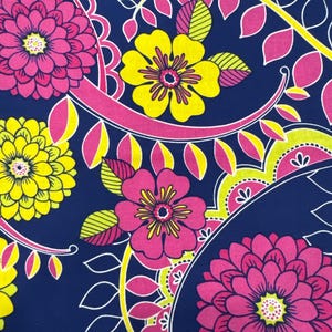 Floral Cotton Fabric Brother Sister Studio Pink and Yellow in Navy - 1 yard piece
