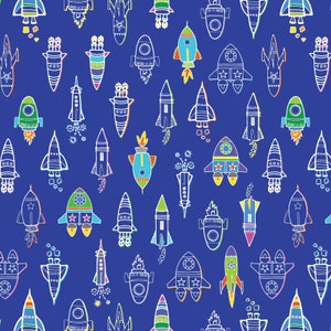 May include: A blue background with a repeating pattern of white outlined rockets in various styles. The rockets are decorated with colorful details, including stars, flames, and circles.