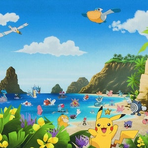 May include: A colorful illustration of various Pokemon characters enjoying a tropical beach scene. The characters are on the beach, in the water, and flying in the air. There are palm trees, a blue sky, and white clouds in the background.