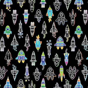 May include: A seamless pattern featuring colorful cartoon rockets on a black background. The rockets are drawn in a variety of styles, some with flames, some with stars, and some with other details.