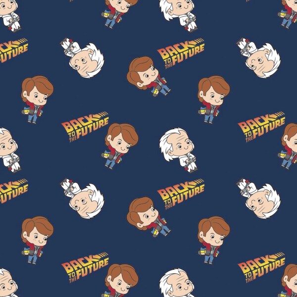 Licensed Back to the Future - Chibi Marty and  Doc in Navy by Camelot Fabrics- You choose the cut
