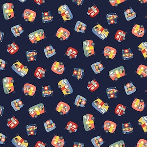Small Retro Campers in Navy part of the Camping Life Line by Michael Miller Fabrics - You choose the cut