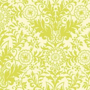 May include: A repeating pattern featuring a light yellow background with a vibrant green floral design. The design includes stylized flowers, leaves, and swirling vines, creating a classic, ornate look.
