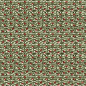 May include: A repeating pattern of stylized green Christmas trees arranged in vertical rows. Each tree is decorated with small, bright red bows placed at regular intervals throughout the branches, creating a festive and uniform graphic design.