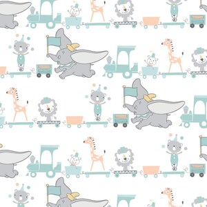 May include: A seamless pattern featuring a whimsical circus train with various animals, including an elephant, giraffe, lion, and monkey. The train is decorated with pastel blue and pink colors, and the animals are all wearing cute hats and accessories.
