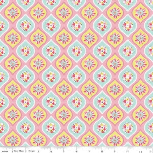 May include: A pink and yellow fabric with a repeating pattern of teal blue and yellow floral motifs. The pattern is a repeating diamond shape with a floral design in the center.