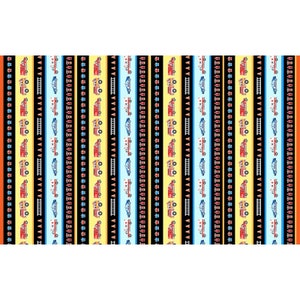 May include: A repeating pattern of red fire trucks, blue police cars, and yellow ladders on a black, yellow, blue, and white striped background.