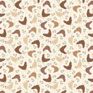 May include: A repeating pattern of brown and beige chickens with red combs and yellow and blue floral accents on a cream background. The chickens are in various poses, creating a whimsical and rustic design.