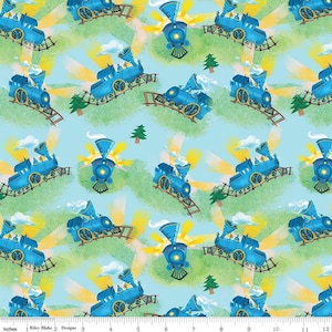 Pode incluir: Uma locomotiva de trem azul com rodas amarelas e uma pluma de fumaça branca é repetida em um fundo azul claro com grama verde e raios de sol amarelos.