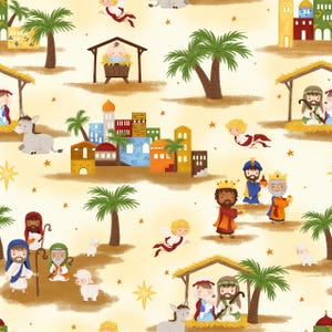 Pode incluir: Um padrão repetitivo com uma cena de natividade com palmeiras, anjos e edifícios. A cena inclui o menino Jesus numa manjedoura, os três reis magos e outras figuras bíblicas. A paleta de cores é quente, com tons de amarelo, castanho e verde.