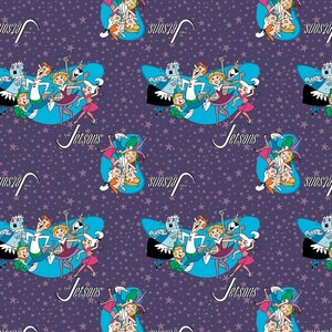 May include: A purple background with white stars and a repeating pattern of the Jetsons family dancing in a blue oval. The text "The Jetsons" is written in a white oval below the family.