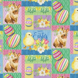May include: A colorful patchwork pattern with Easter bunnies, chicks, and eggs. The pattern includes a variety of colors, including pink, blue, green, yellow, and white. The text "Happy Easter" is written in a decorative font.