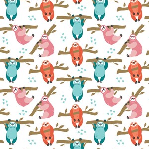 May include: A repeating pattern of colorful sloths on tree branches against a white background. The sloths are in shades of pink, orange, and blue. The branches are brown, and small blue and white leaf shapes are scattered throughout.