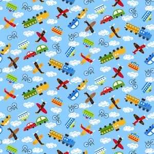 FLANEL: vliegtuigen, fietsen, treinen, auto's en boten op blauw: comfortabele flanelprint van A.E. Nathan: jij kiest de snit